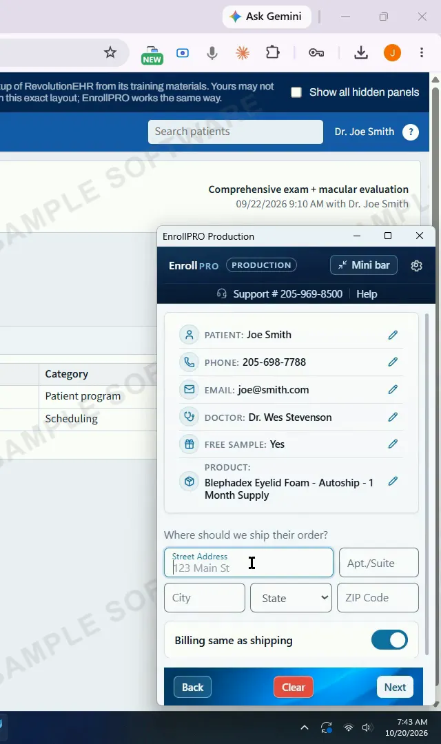 EnrollPRO beside a patient chart in a sample EHR, with the enrollment panel open