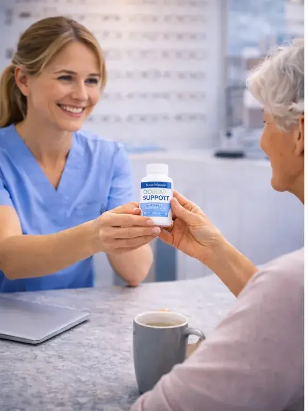 A front-desk team member handing a patient a bottle of eye supplement across the counter