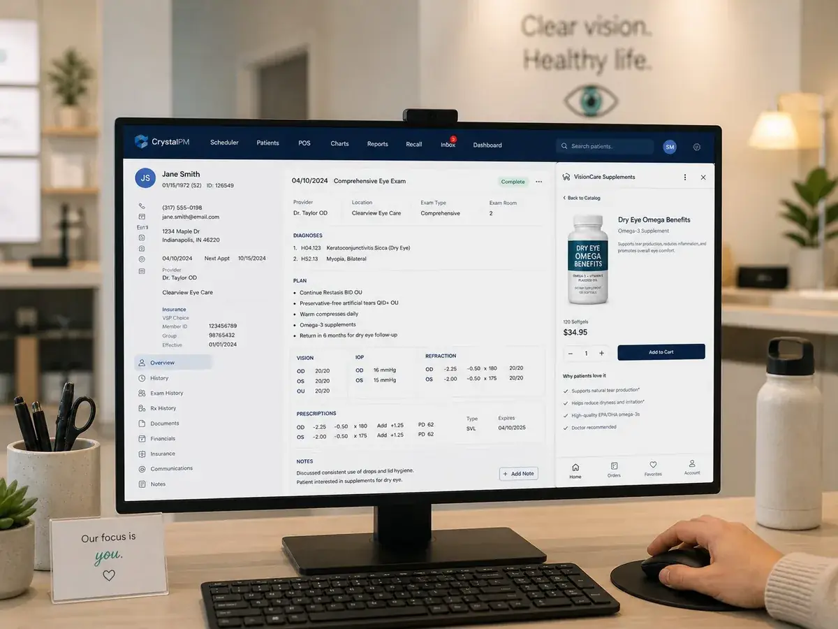 A front-desk screen showing a patient chart and a suggested enrollment