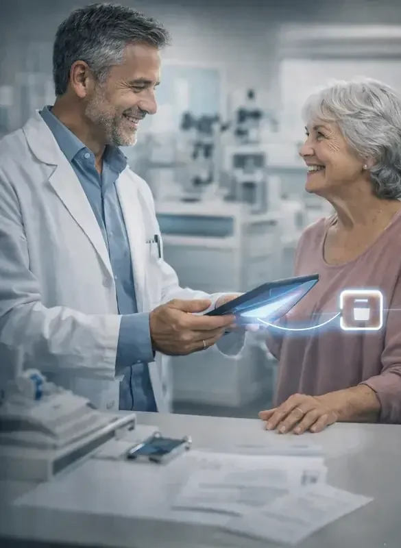 An eye doctor handing a patient a tablet to enroll