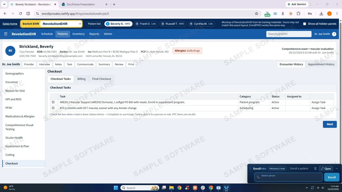 The EnrollPRO Mini bar at the bottom of the screen with a phone number field and an Enroll button (sample software)