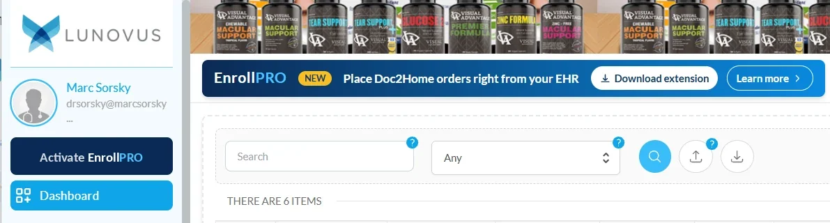 The Doc2Home portal with the EnrollPRO banner: place Doc2Home orders right from your EHR, with a Download extension button